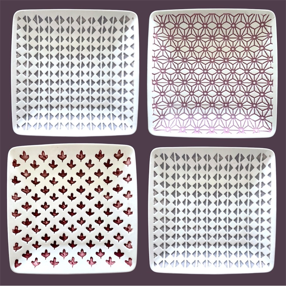 Set/4 Place & Time 6” Square Dessert Appetizer Plates Grey/White/Mauve Embossed